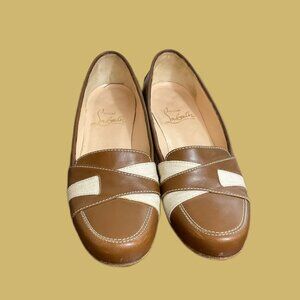 Christian Louboutin Brown Leather & Beige Canvas Loafers